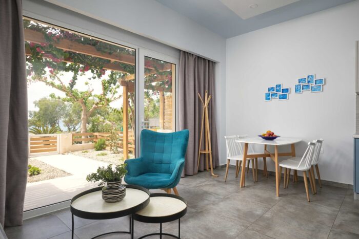 Open-plan living room and kitchen in family apartment in Ierapetra