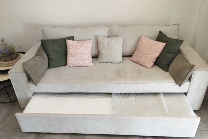 Open-plan living room and kitchen in family apartment in Ierapetra